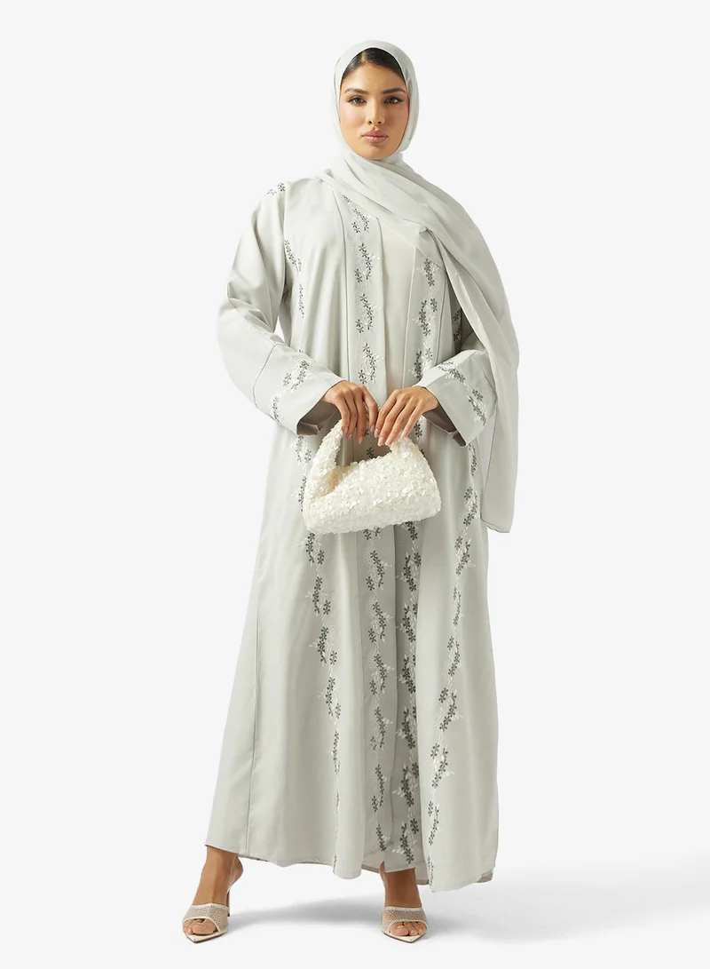 Floral Lace Detailed Open Front V Neck Abaya